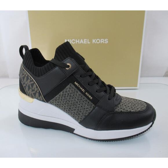 Michael Kors Georgie Knit Trainer Wedge Sneakers Laces MK Logo Black/Gold Size 8 - Picture 1 of 6
